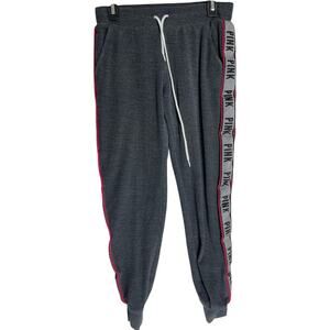 PINK Victorias Secret Joggers Pants Women XS Gray Logo Tape Lounge Cotton Blend